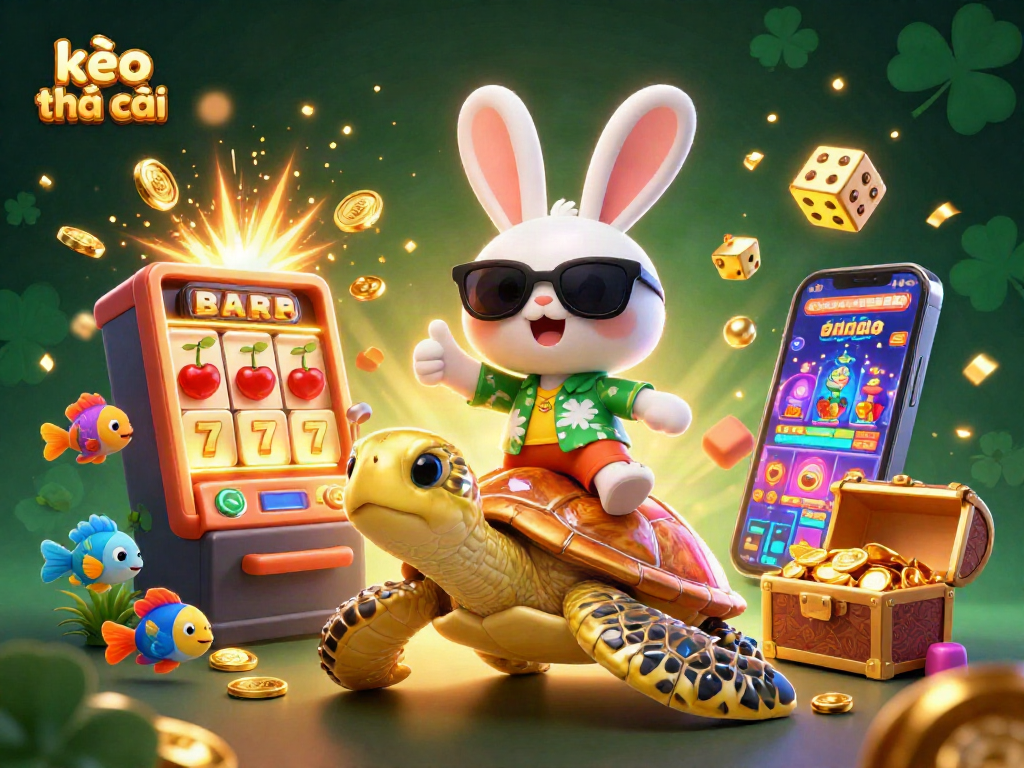 Engage with kèo nhà cái in vibrant 3D scene featuring lucky rabbit and golden turtle amid a jackpot explosion.