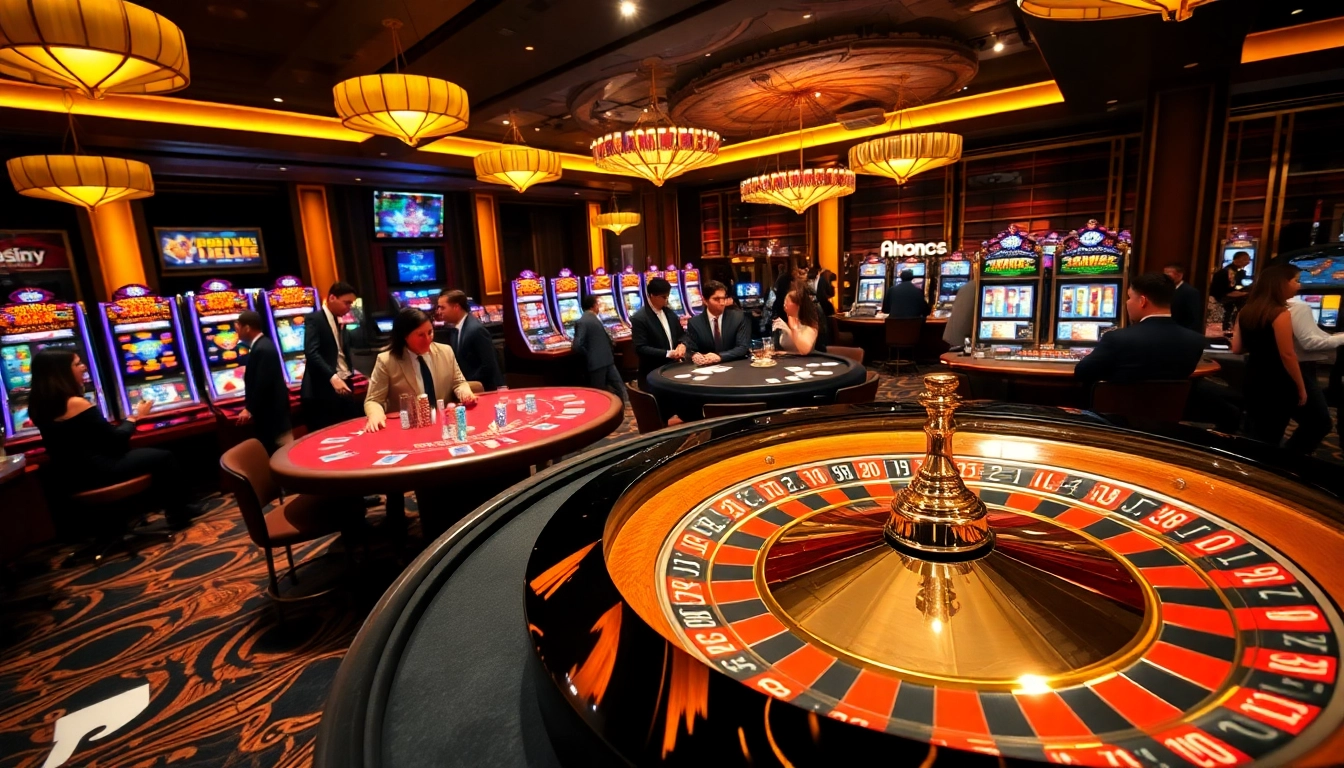 A vibrant casino scene highlighting the thrill of betting at https://rr8888.in.net/ with roulette wheels and poker games.