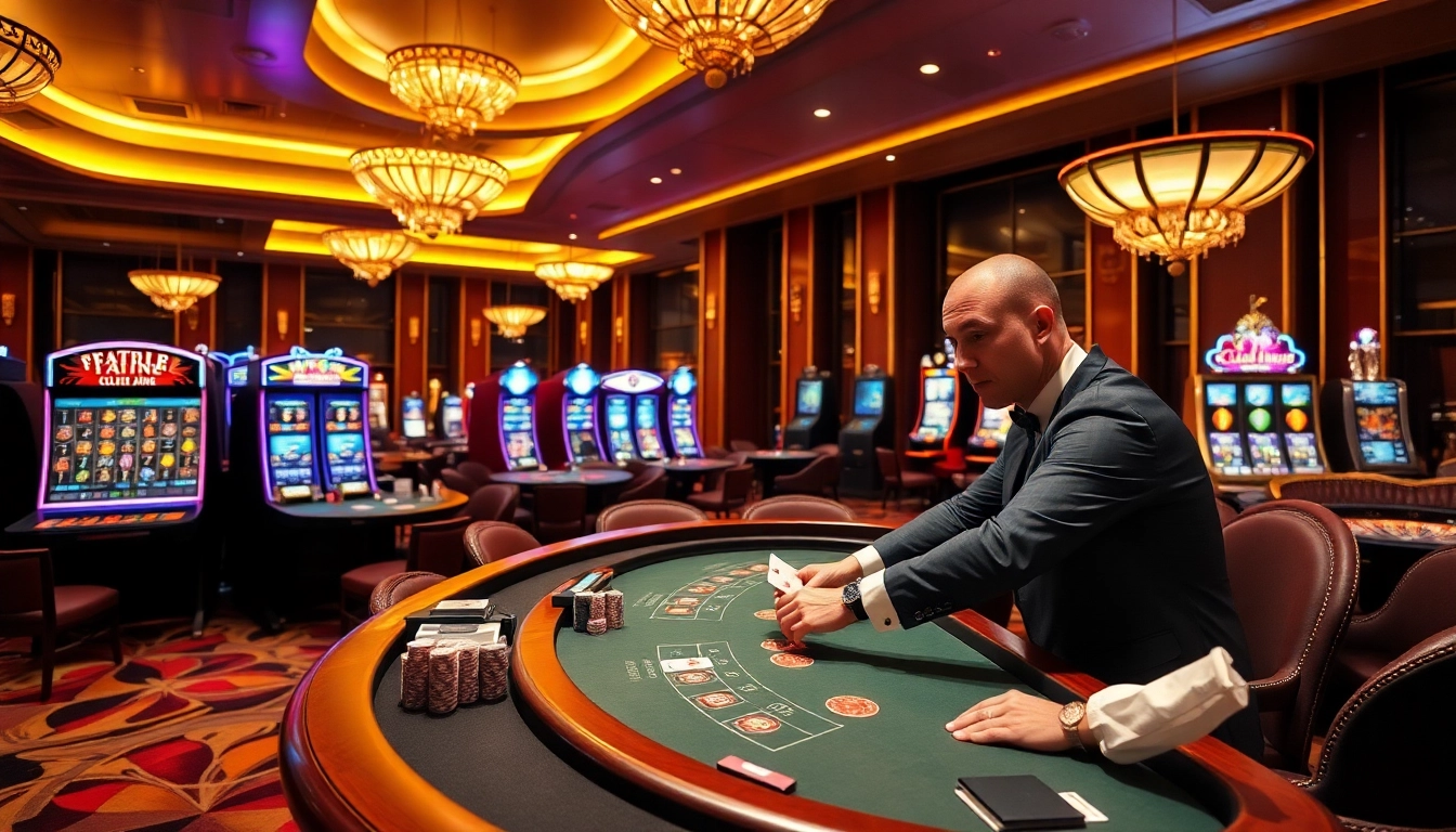 Exciting scene of a professional dealer at a vibrant casino table highlighting 123WIN.