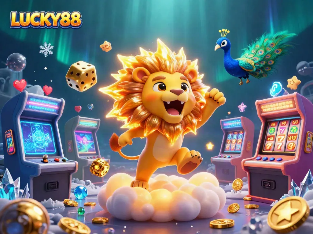 Experience the thrill of LUCKY88 with vibrant slots, golden dice, and festive gaming elements.