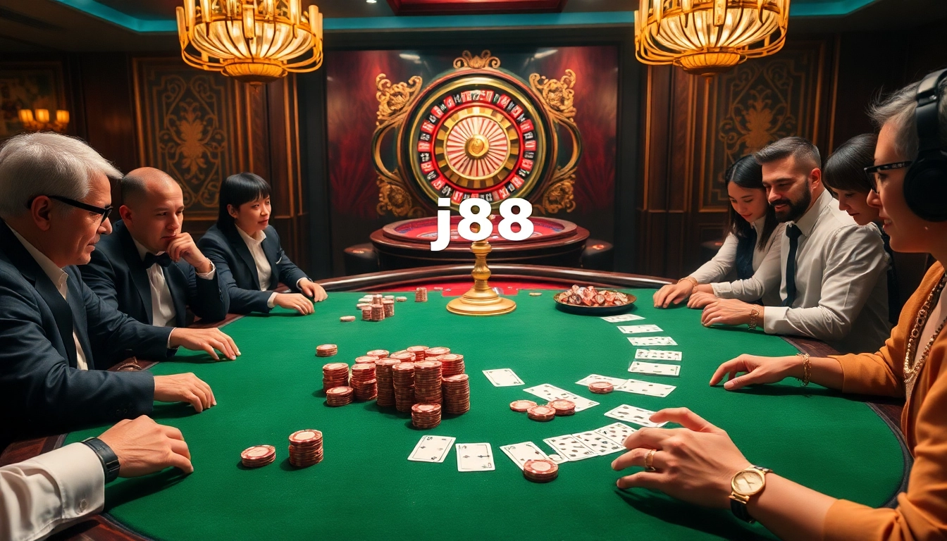 Intense poker action at the lavish casino table featuring j88 chips and cards, highlighting thrilling gambling moments.
