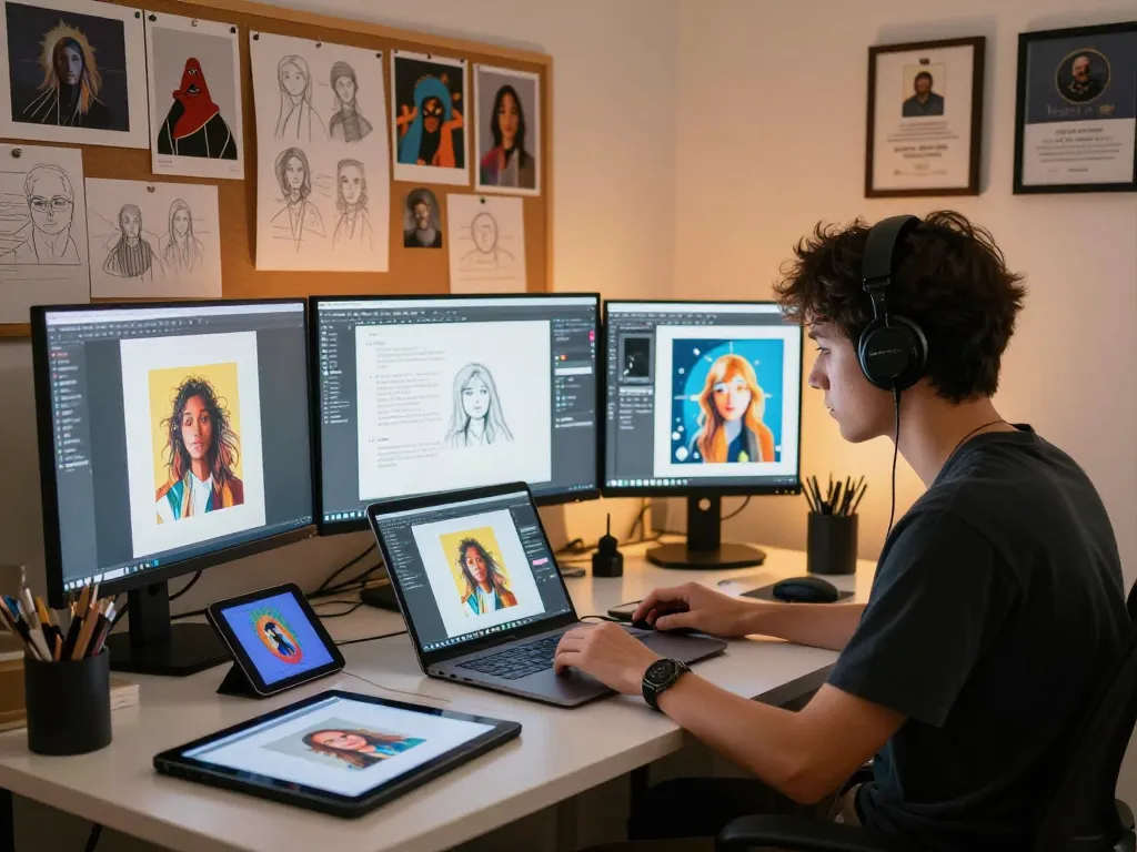 A vibrant workspace showcasing an artist using the image prompt generator tool to create AI art.
