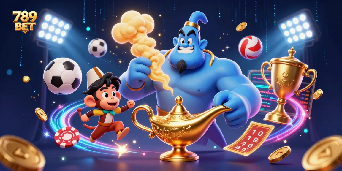 Engage in thrilling 789 BET gambling action with a dynamic illustration featuring sports elements and vibrant characters.