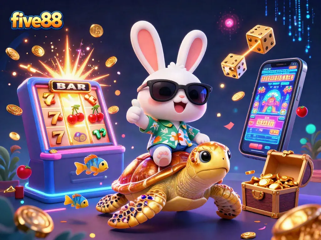 Experience thrilling gameplay with five88, showcasing a cheerful rabbit and golden turtle in a colorful casino scene.