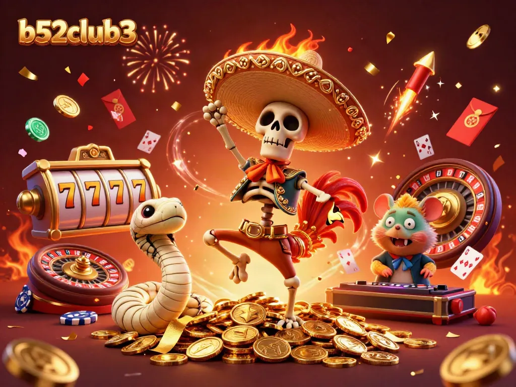 Experience the excitement at b52club3 with a vibrant scene of immersive casino characters and dynamic game elements.