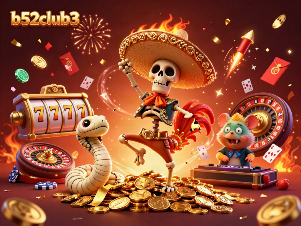 Experience the excitement at b52club3 with a vibrant scene of immersive casino characters and dynamic game elements.