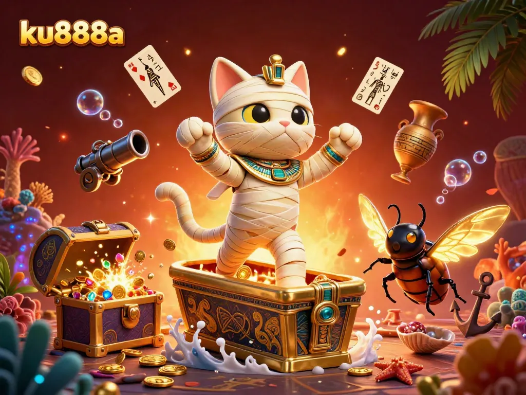 Join the excitement at ku888a, where a mummy cat unveils treasures in a vibrant casino.