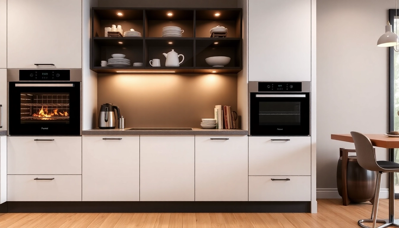 Utilize уреди за вграждане for a sleek, modern kitchen design with built-in dishwasher and oven.