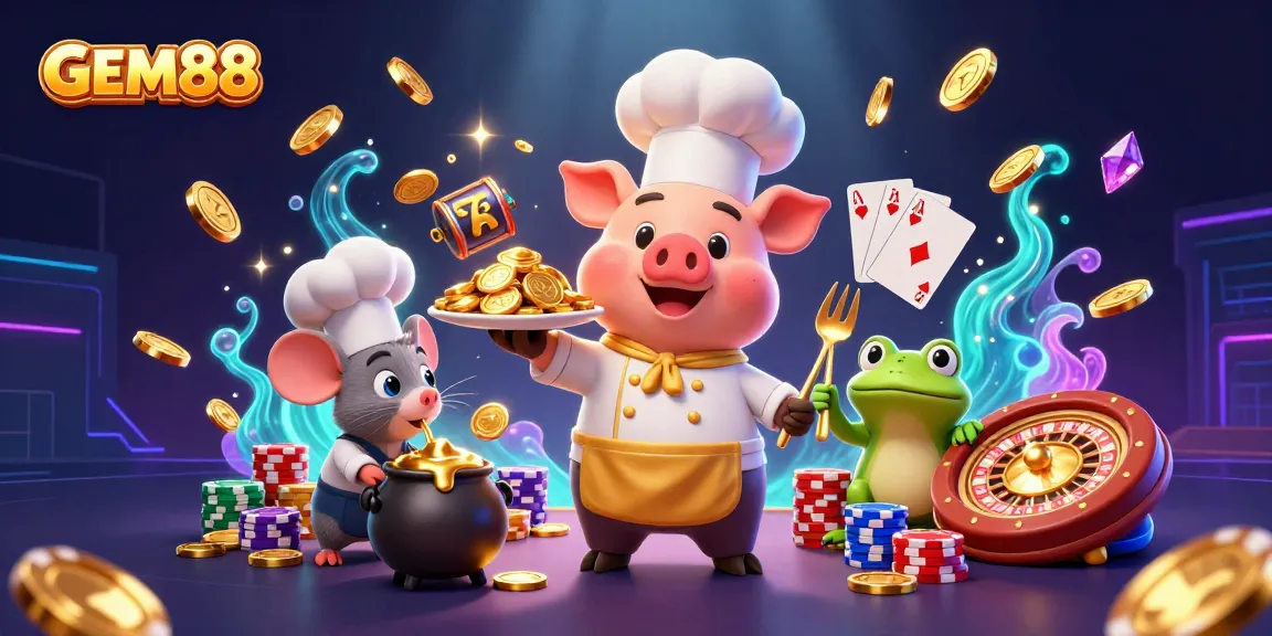 Experience the excitement of GEM88 with a vibrant casino scene filled with gold coins and slot machines.