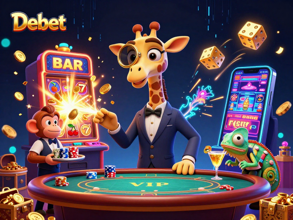 Experience the thrill of Debet's vibrant casino scene with high-roller giraffe and dynamic elements.