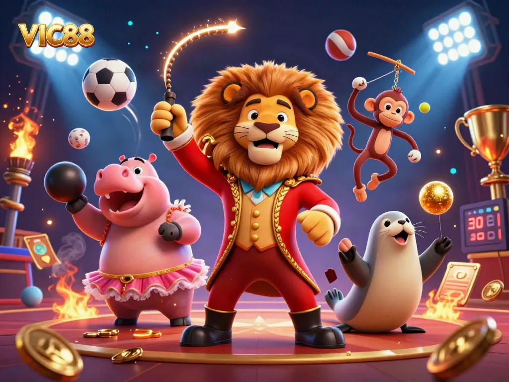 Experience thrilling gameplay at VIC88 with a vibrant circus-themed casino illustration full of action.