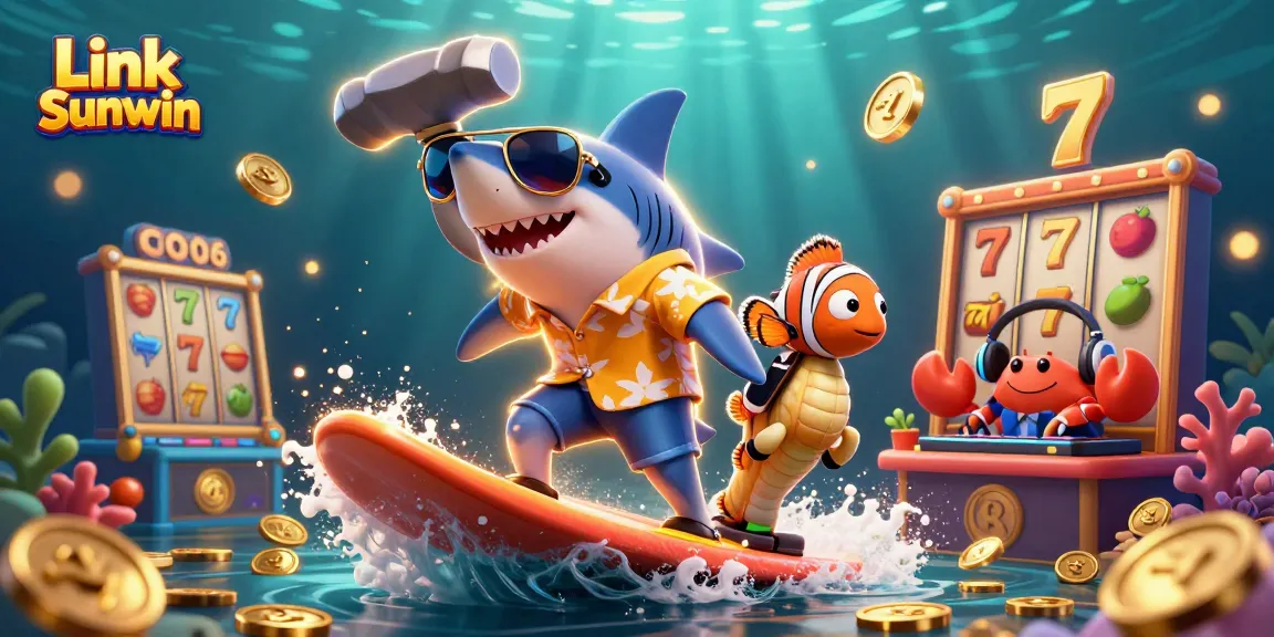 Experience Link Sunwin with excitement as the shark surfs on gold coins, illustrating a vibrant casino atmosphere.