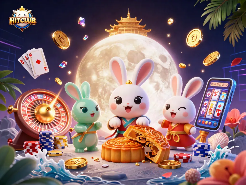 HITCLUB showcases a vibrant moon-themed casino scene with cartoon characters and gaming elements.