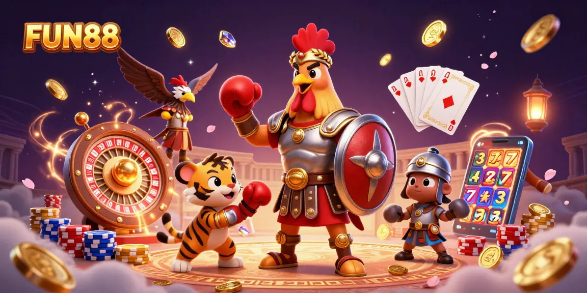 Win big with FUN88 in a vibrant 3D illustration showcasing exciting casino action.