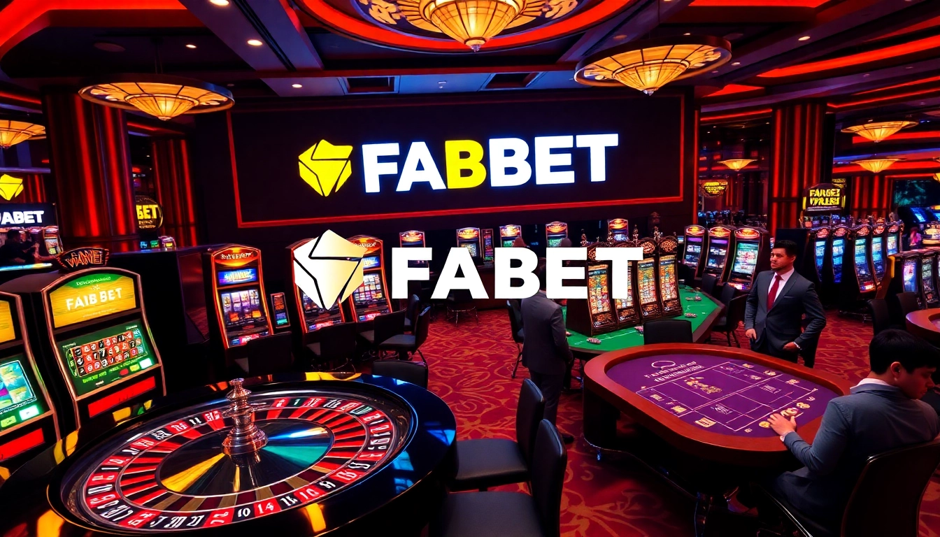 FABET casino scene featuring lively roulette and poker tables, showcasing vibrant gaming excitement.