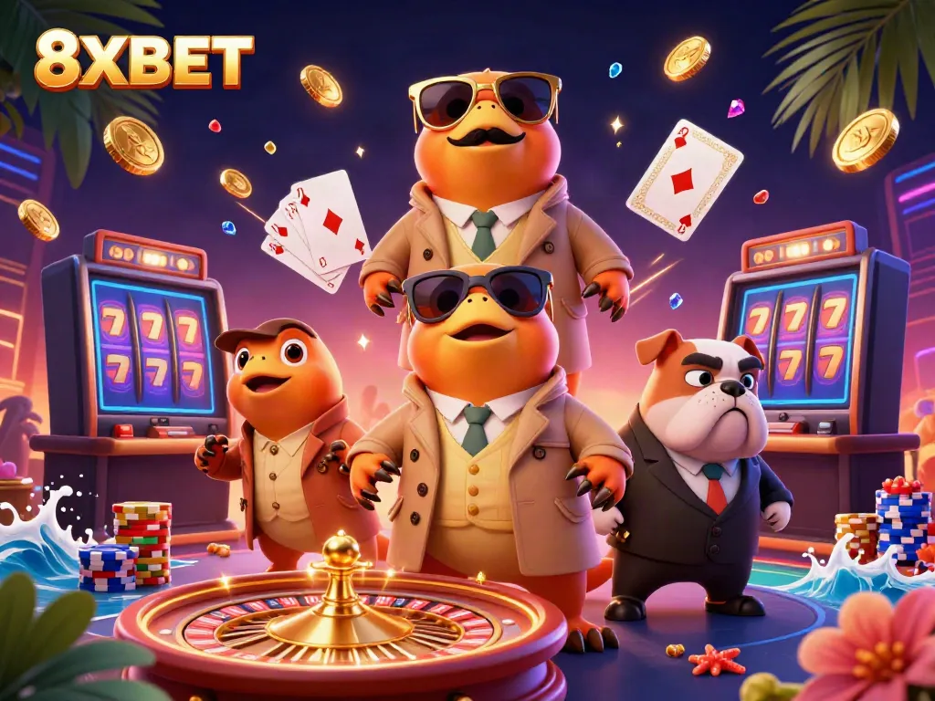 Feel the excitement at 8XBET with raptors in disguise trying to enter a VIP casino, surrounded by dynamic casino elements.