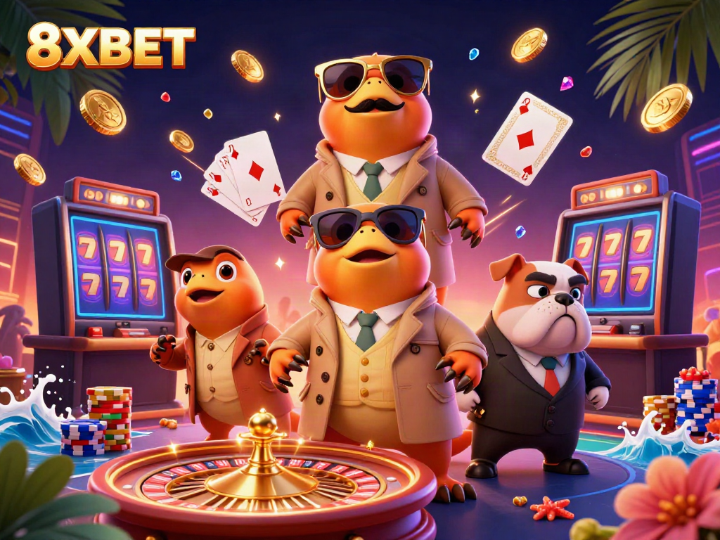 Feel the excitement at 8XBET with raptors in disguise trying to enter a VIP casino, surrounded by dynamic casino elements.