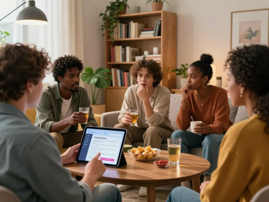 Diverse friends discussing sex ai relationships in a modern apartment