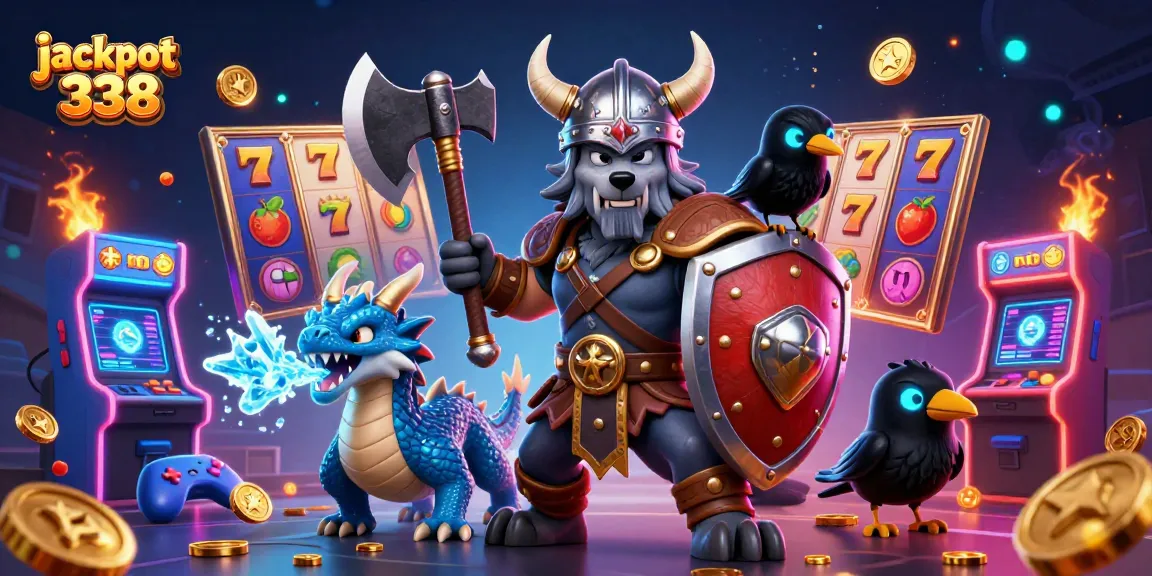 Engage with jackpot 338 as a Viking wolf warrior and dragon immerse in slot game excitement.