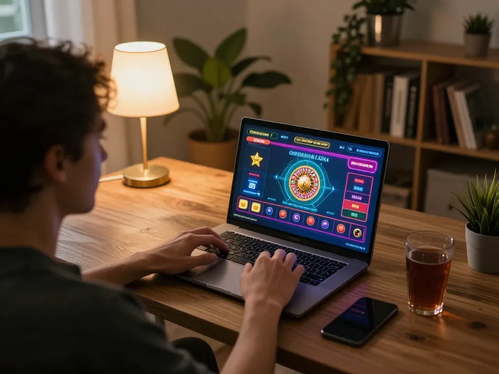LUCK8 user engaging in online roulette gameplay at home, showcasing a cozy gaming setup