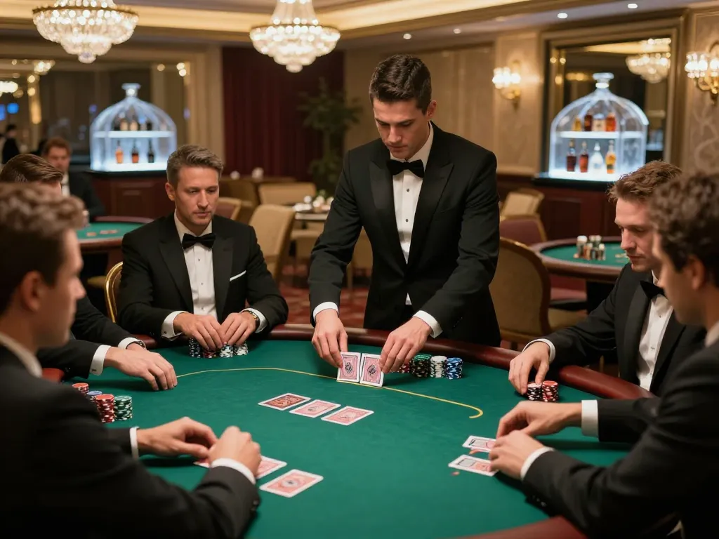 UU88 poker players engaged in intense gameplay at an upscale casino table amidst luxurious decor.