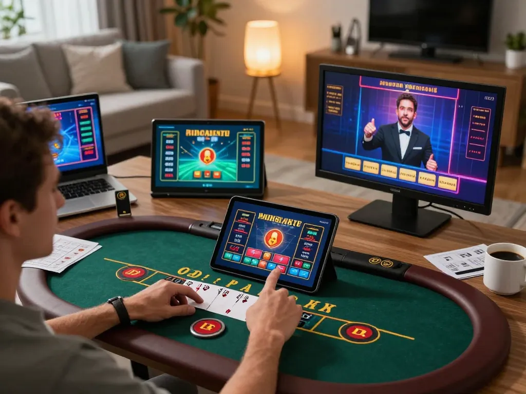 SIN88 gameplay with live dealer blackjack on tablet, highlighting strategic engagement in a stylish home