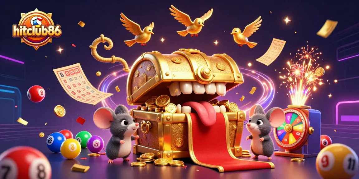Play and win with hitclub86 in this vibrant lottery-themed casino illustration showcasing dynamic gaming elements.