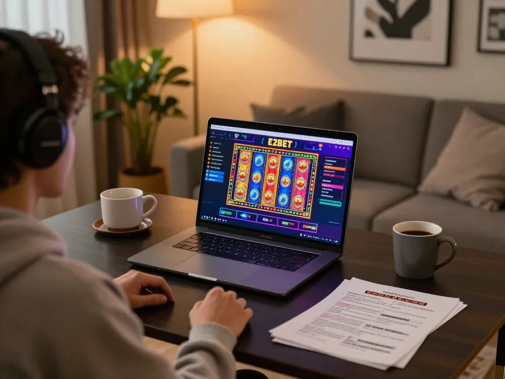 E2BET online gaming experience with vibrant slot machine graphics on a laptop