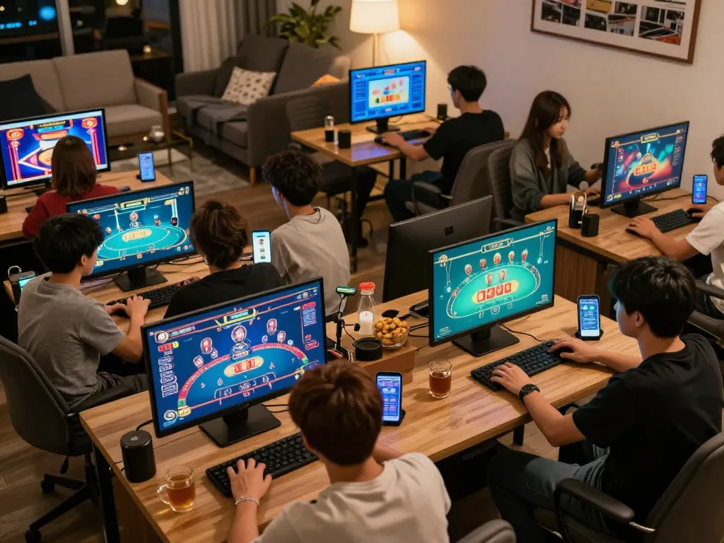 Online players enjoying games at Nhà cái KK55 in a modern gaming setup, capturing the excitement of online gambling.