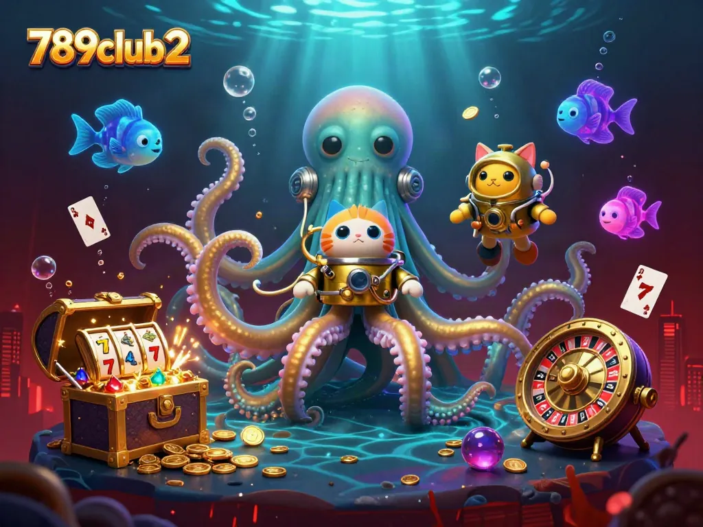Experience thrilling gameplay with 789club2, where the colossal kraken meets treasure-filled slots in a vibrant underwater scene.