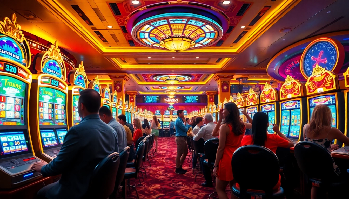 Gamblers enjoying slot machines in a vibrant casino atmosphere filled with excitement.