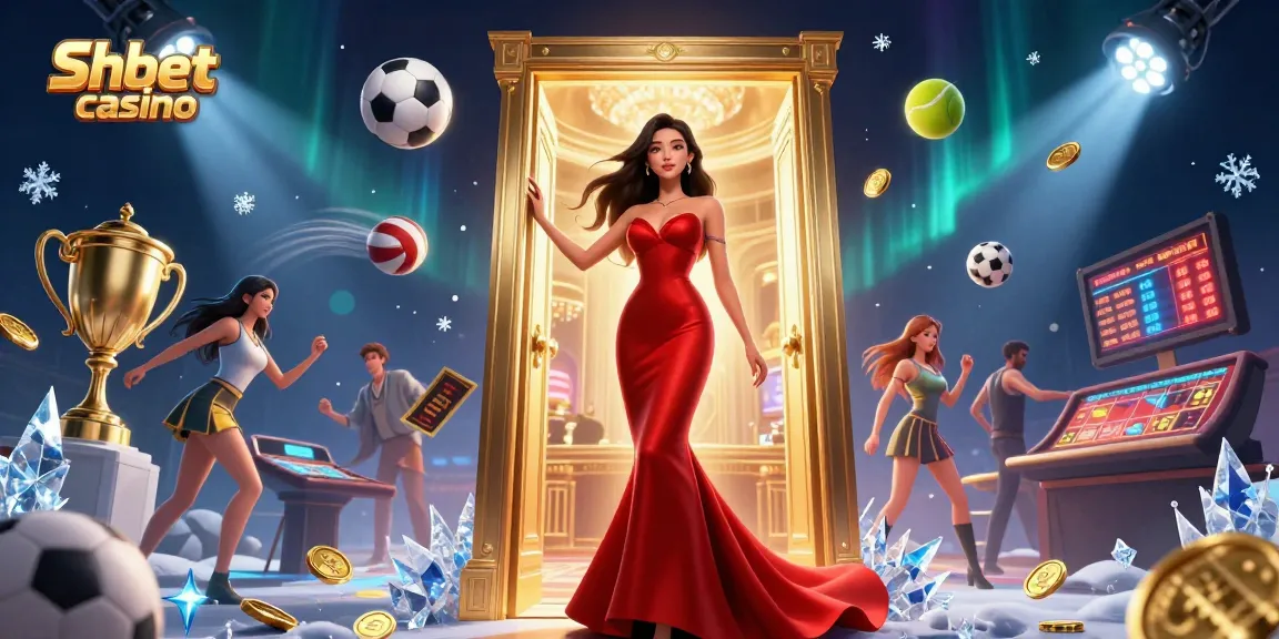Experience the thrill of Shbet casino with a stunning VIP doorway scene featuring dynamic sports elements.
