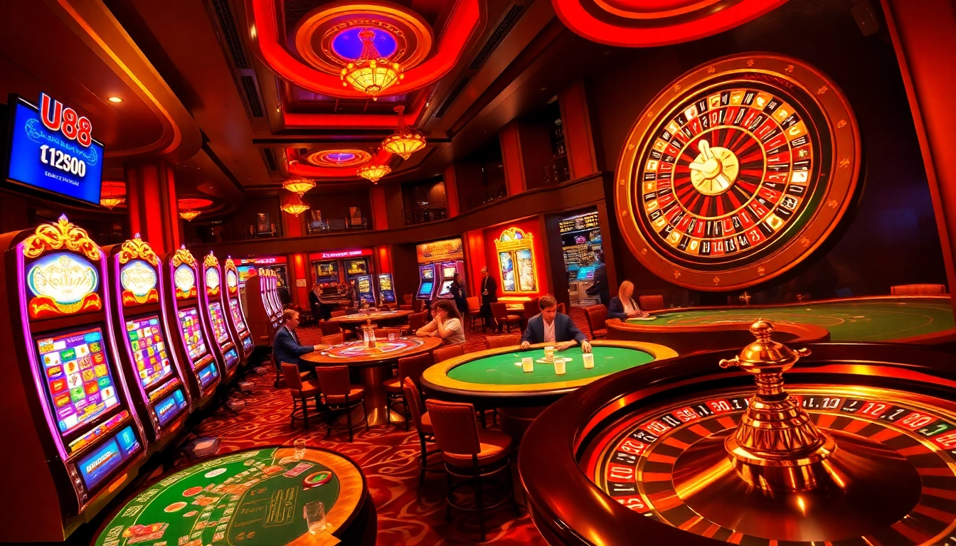 Exciting gameplay at UU88 casino featuring slot machines, poker tables, and roulette wheel.