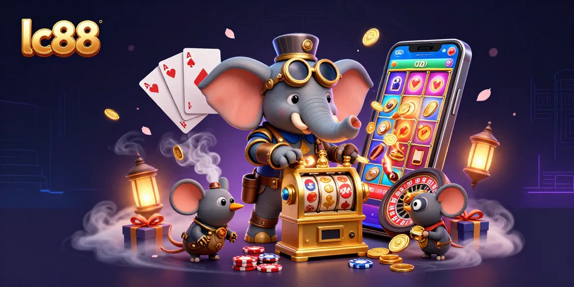 Experience winning at lc88 with a dynamic steampunk-themed illustration featuring colorful slot games and engaging characters.