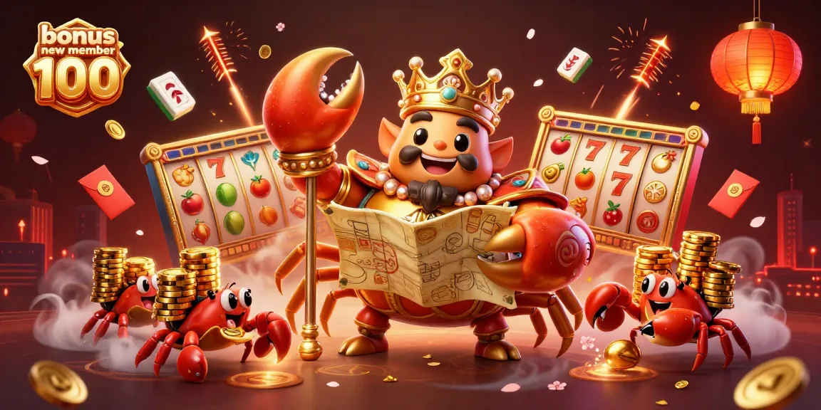 Menangkan bonus new member 100 dengan ilustrasi kartun 3D krustasea emas di kasino