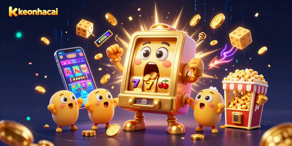 keonhacai jackpot scene with a golden slot machine celebrating a win while coins erupt around