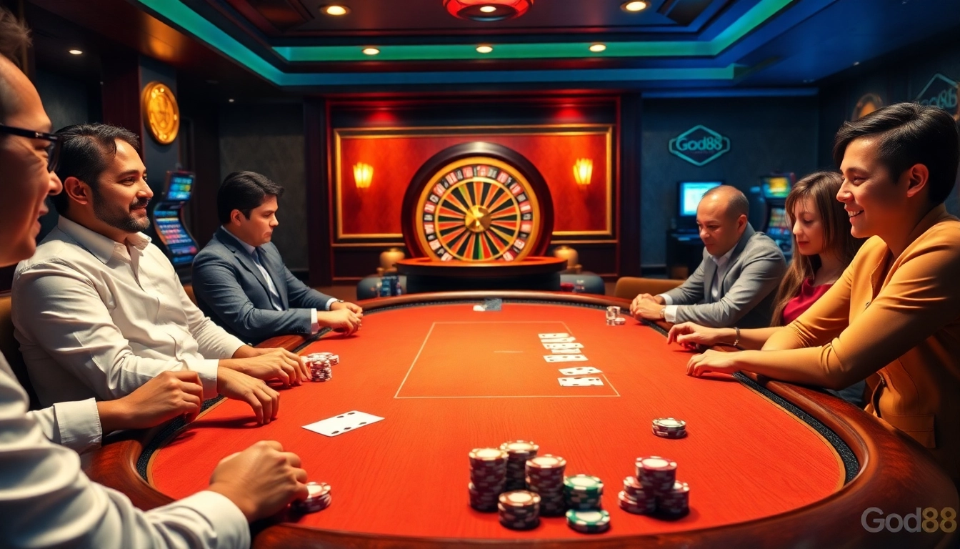 Experience the excitement of go88 play at a glamorous poker table in a luxury casino setting.