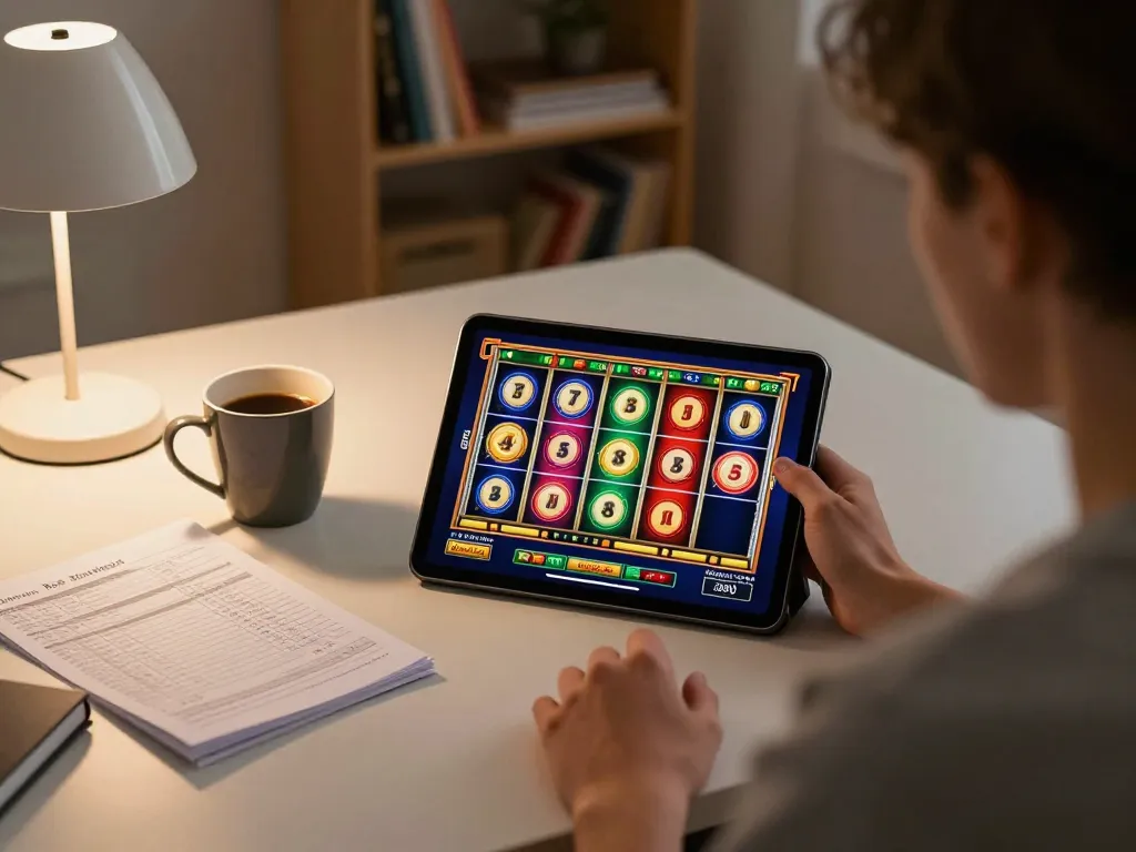 Engaged in cm88 slot game, a player delights in vibrant online gameplay at home with strategic notes.