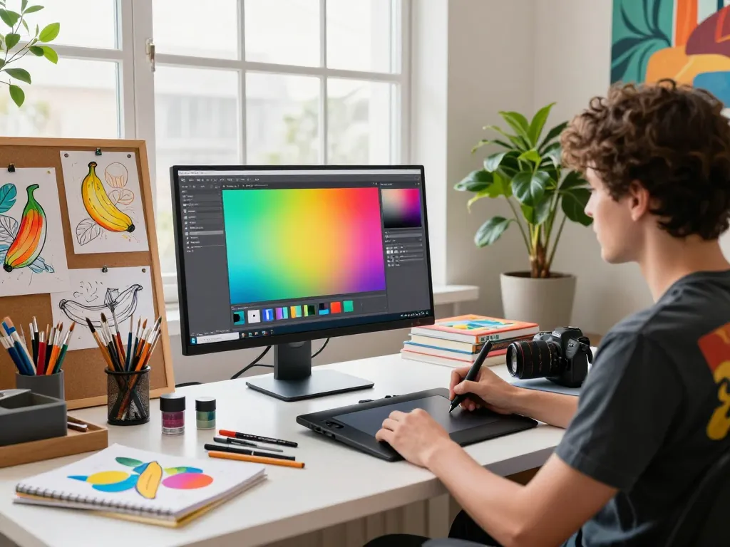 Digital artist using Nano Banana 2 in a creative workspace, showcasing vibrant editing tools and inspiring atmosphere.