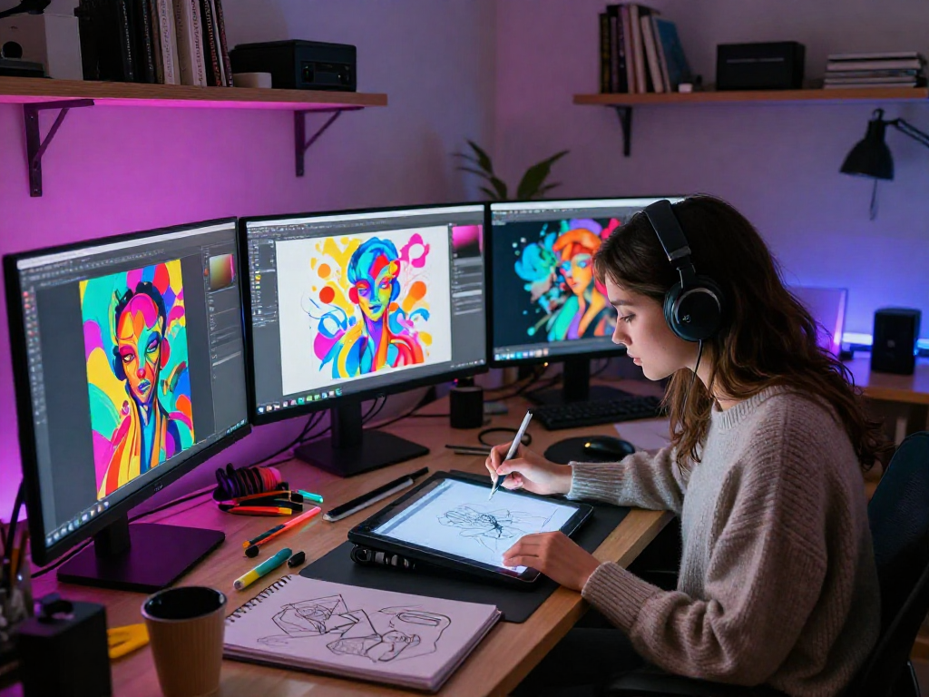 AI NSFW digital art creator in vibrant workspace designing innovative artworks on tablet, showcasing creativity and modern technology.