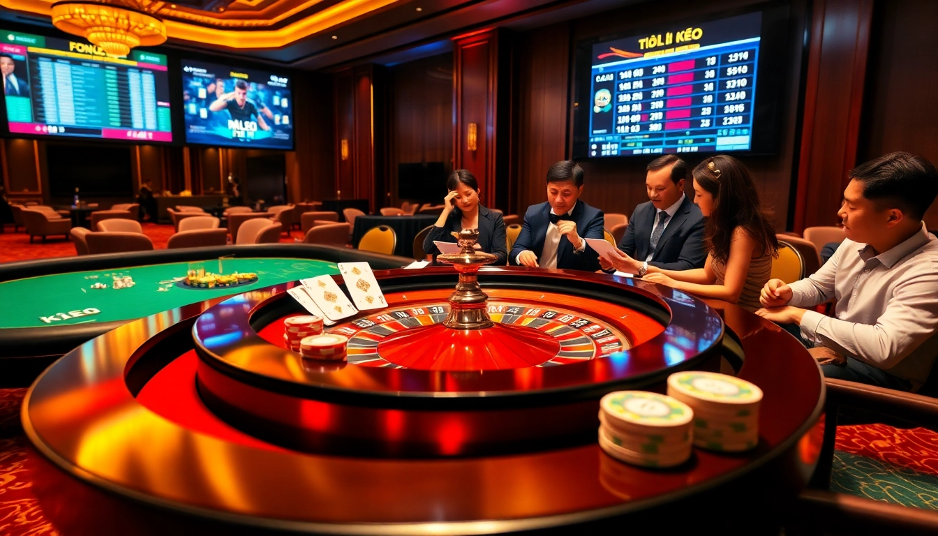 Tỷ lệ kèo displayed on a luxurious sports betting screen amidst a lively casino scene.