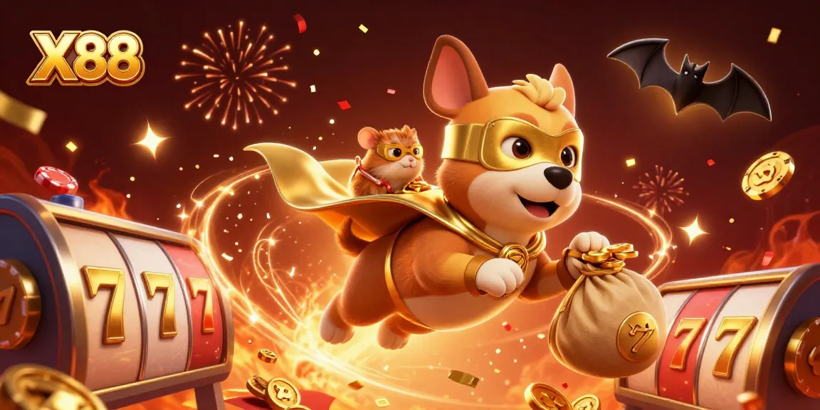 Bet on X88 with a thrilling scene of a superhero dog amidst casino elements like slot reels and gold coins.
