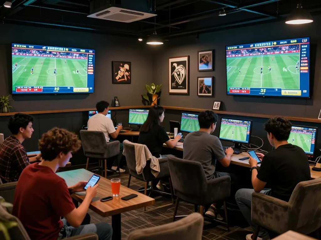 Excited bettors placing bets at HB88's premium sports betting lounge with multiple screens showing live games