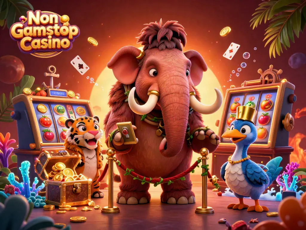 Woolly mammoth bouncer at Non Gamstop Casino checking IDs, surrounded by slot reels and treasure.