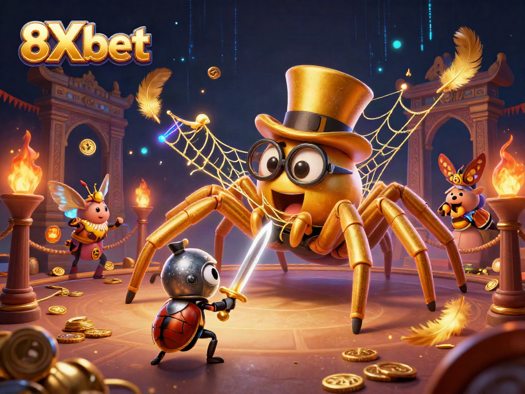 Engage in high-stakes action with 8Xbet's vibrant 3D illustration featuring a golden tarantula and adventurous knight.