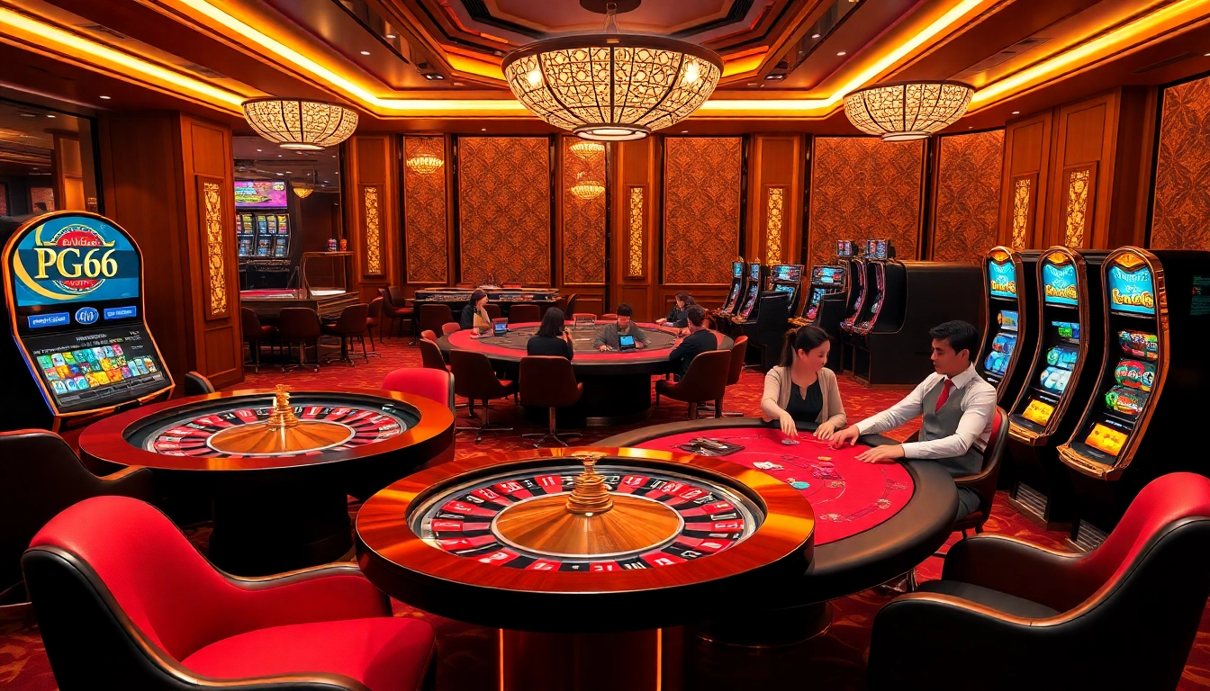 Experience the excitement of Nhà cái Pg66 with vibrant casino tables, roulette, and poker action.