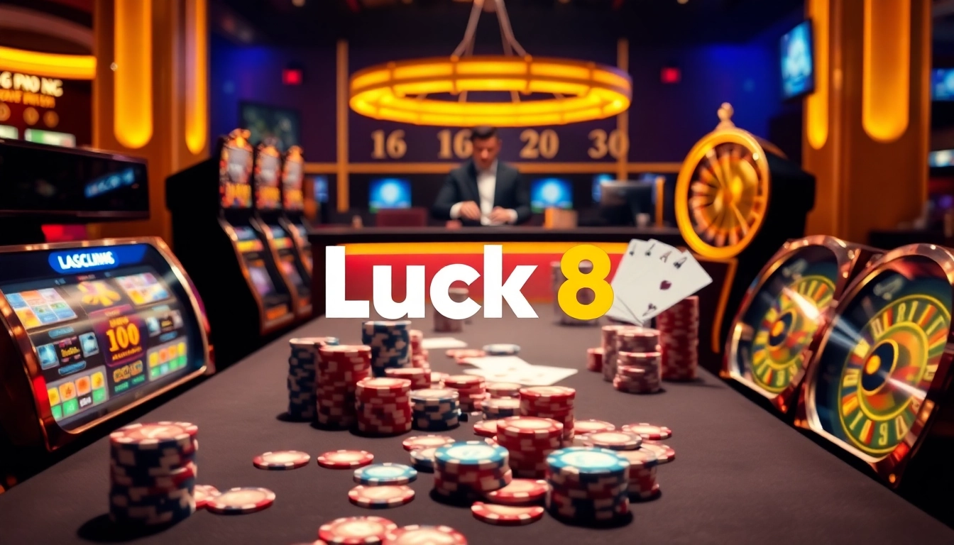 Exciting casino gaming scene featuring Luck8's vibrant atmosphere with poker chips and slot machines.