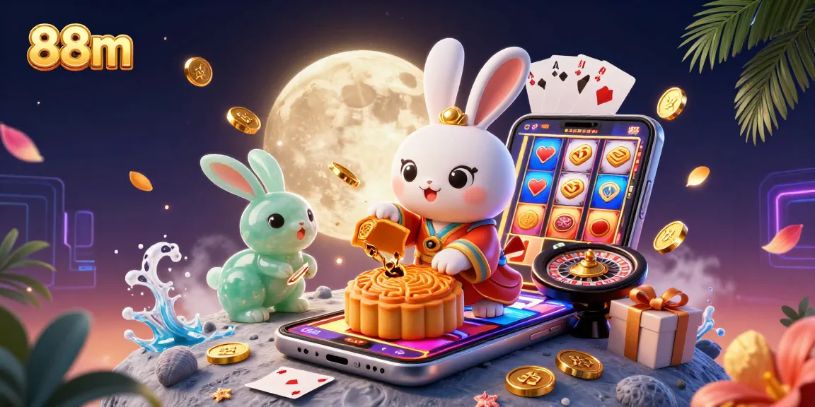 Win big at 88m with a vibrant scene portraying a lunar rabbit joyfully playing games amidst a casino-themed background.