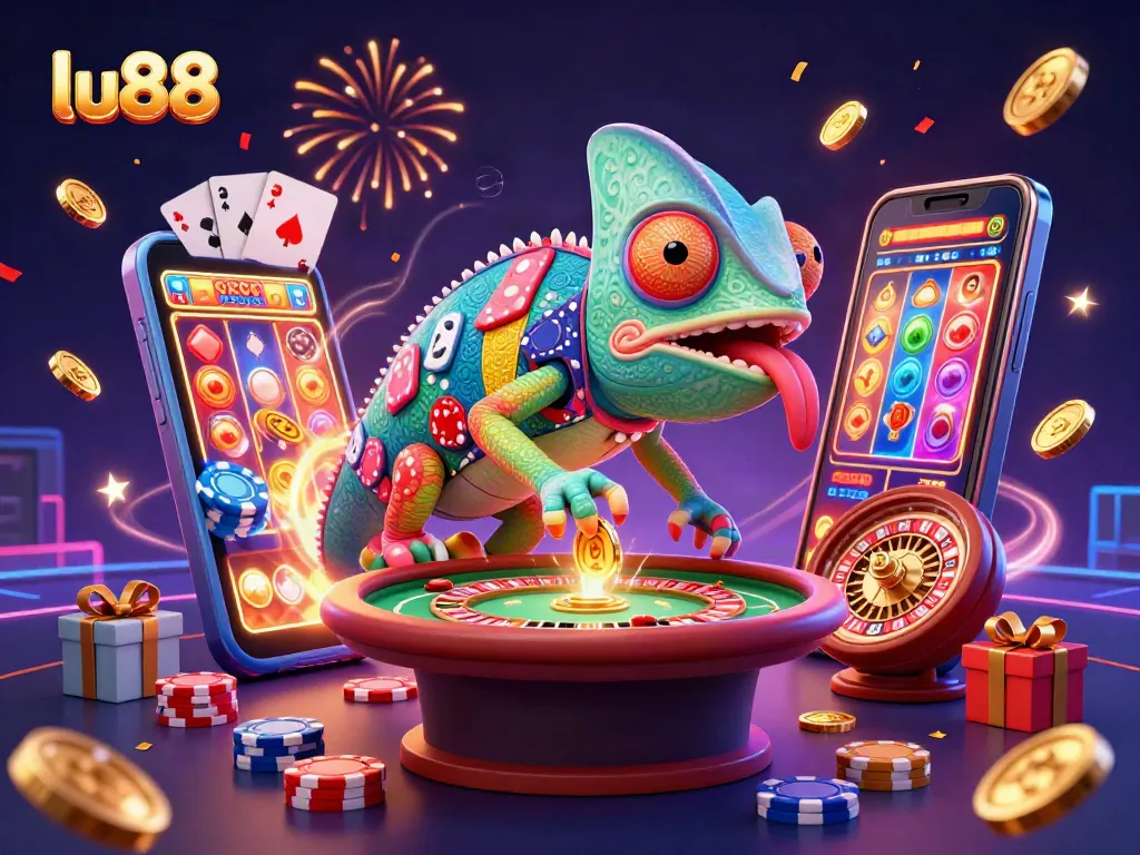 Experience thrilling casino action with lu88 featuring a vibrant chameleon owner, dynamic games, and golden coins.
