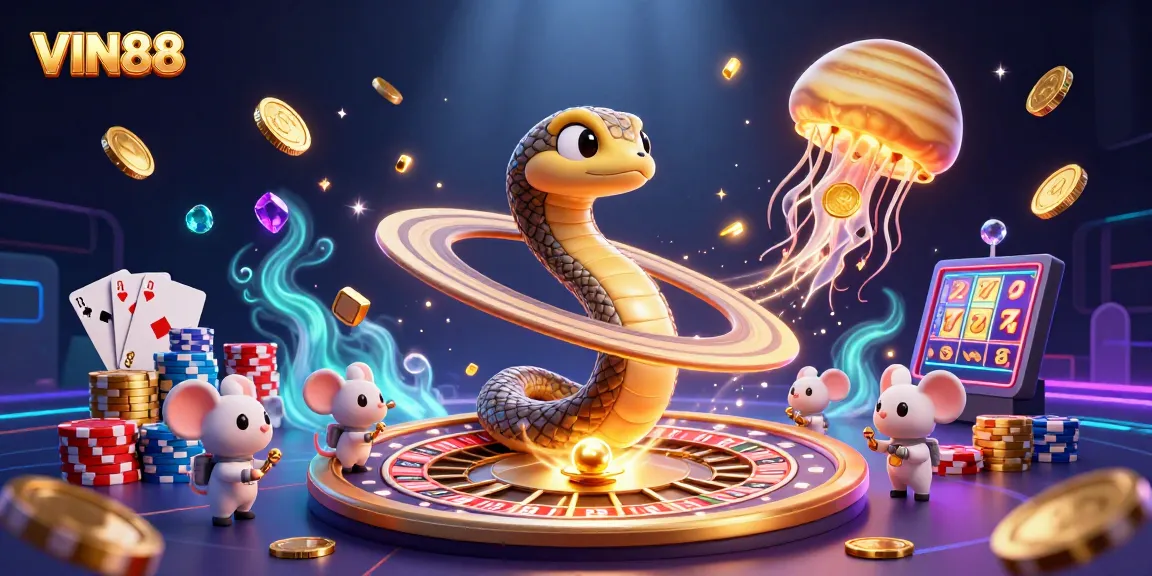 Experience thrilling gameplay at VIN88 with vibrant cosmic characters and casino elements.